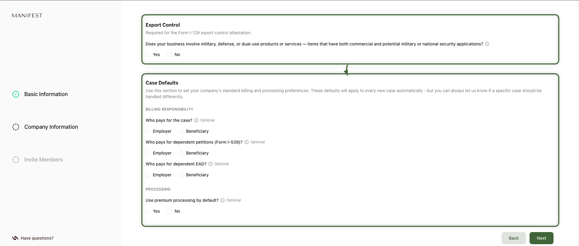 Onboarding questionnaire: export control and case defaults