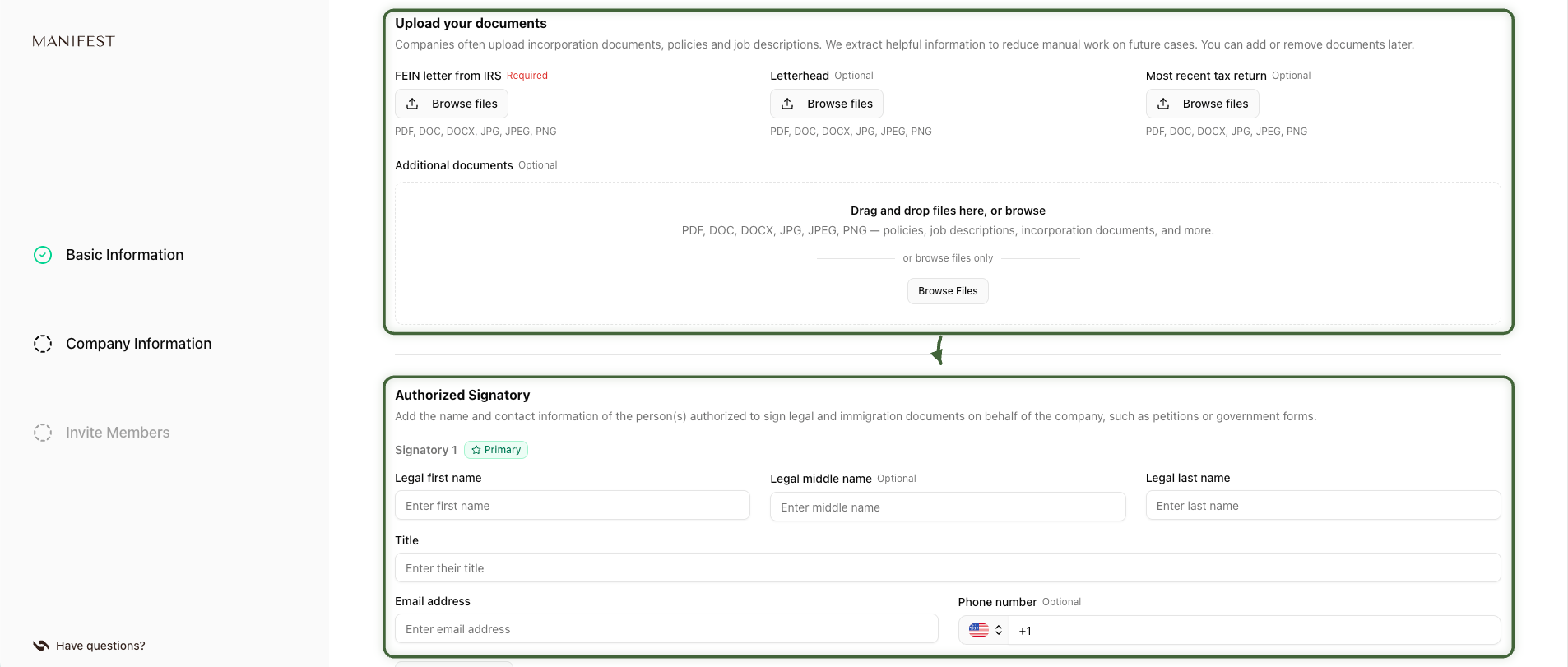 Onboarding questionnaire: upload documents